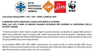 Immagine - rif. (da Pdf, Parte alta) Comunicato Stampa ENPA  LAV  LIPU  WWF, 5 febbraio 2019 - IL MINISTRO COSTA ANNUNCIA IL PIANO LUPO SENZA LE UCCISIONI.
ENPA, LAV, LIPU E WWF: LE REGIONI COLGANO OCCASIONE PER FAVORIRE LA CONVIVENZA CON LE ATTIVITA UMANE.